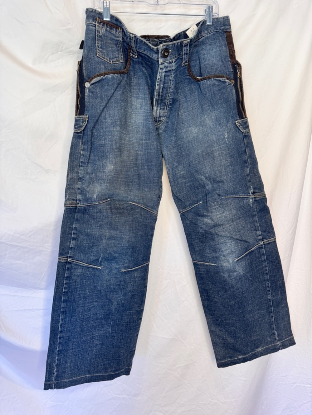 Gianfranco Men's Blue Relaxed Fit Utility Jeans With Brown Trim & Logo